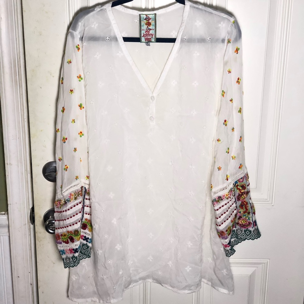 Johnny Was White Eyelet Simple All Over Embroidered Cuffs Peasant Tunic Blouse - Picture 5 of 14